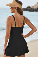 Black U Neck Adjustable Straps Knotted Skirt Patchwork One Piece Swimsuit