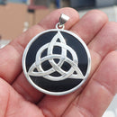 Black Agate Amulet, Celtic Triskele Amulet, round Sterling Silver Amulet, Celtic Silver Pendant-0