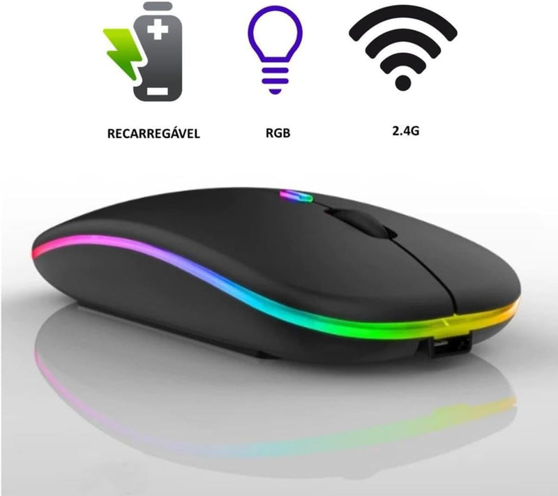 Mouse Sem Fio Slim Preto - Wireless Bluetooth USB Recarregável RGB Colorido - Sensor Ajustável e Design Ergonômico - Notebook e PCS