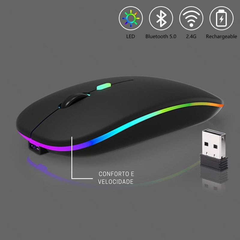 Mouse Sem Fio Slim Preto - Wireless Bluetooth USB Recarregável RGB Colorido - Sensor Ajustável e Design Ergonômico - Notebook e PCS
