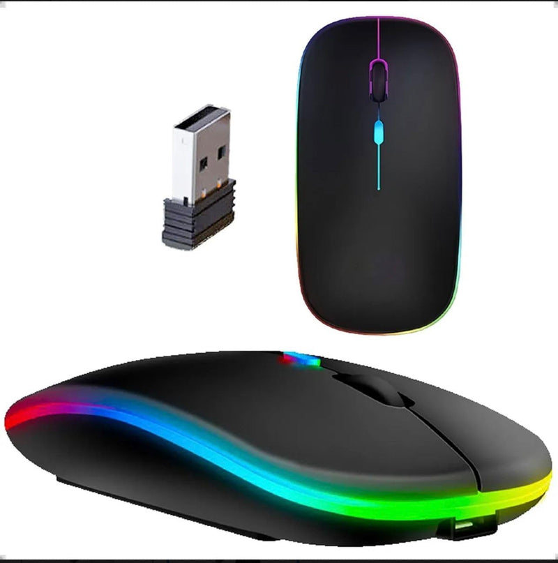 Mouse Sem Fio Slim Preto - Wireless Bluetooth USB Recarregável RGB Colorido - Sensor Ajustável e Design Ergonômico - Notebook e PCS