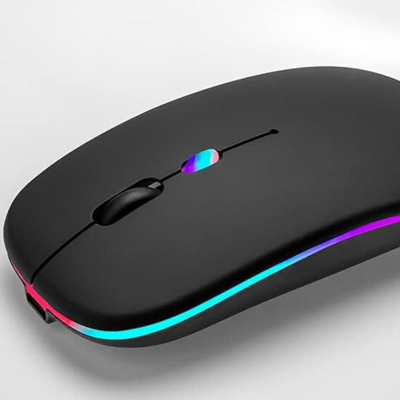 Mouse Sem Fio Slim Preto - Wireless Bluetooth USB Recarregável RGB Colorido - Sensor Ajustável e Design Ergonômico - Notebook e PCS