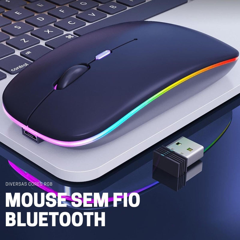 Mouse Sem Fio Slim Preto - Wireless Bluetooth USB Recarregável RGB Colorido - Sensor Ajustável e Design Ergonômico - Notebook e PCS