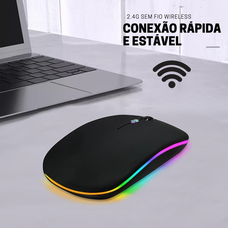 Mouse Sem Fio Slim Preto - Wireless Bluetooth USB Recarregável RGB Colorido - Sensor Ajustável e Design Ergonômico - Notebook e PCS