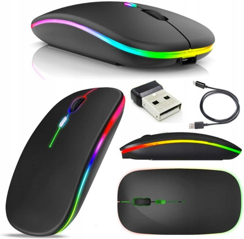 Mouse Sem Fio Slim Preto - Wireless Bluetooth USB Recarregável RGB Colorido - Sensor Ajustável e Design Ergonômico - Notebook e PCS