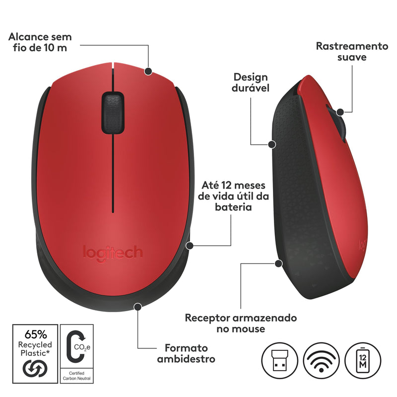 Mouse sem fio Logitech M170 com Design Ambidestro Compacto, Conexão USB e Pilha Inclusa - Preto