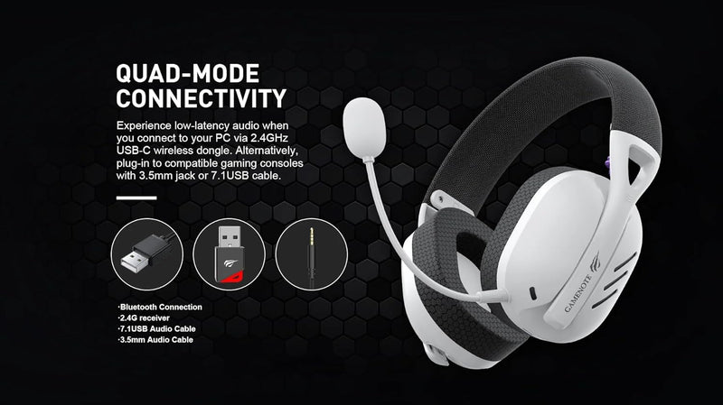Havit Fone de Ouvido Headset Gamer Fuxi-H3 White Black, Com Fio e Sem Fio, Wireless 2,4GHz, Bluetooth, Cabo USB-C, Cabo 3,5mm. Surround, Baixa Latência, Quad-Mode