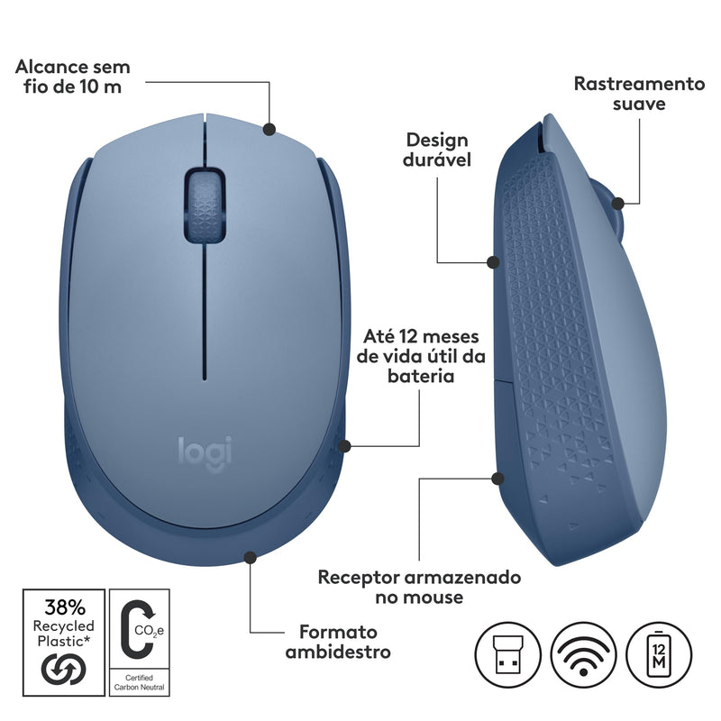 Mouse sem fio Logitech M170 com Design Ambidestro Compacto, Conexão USB e Pilha Inclusa - Preto