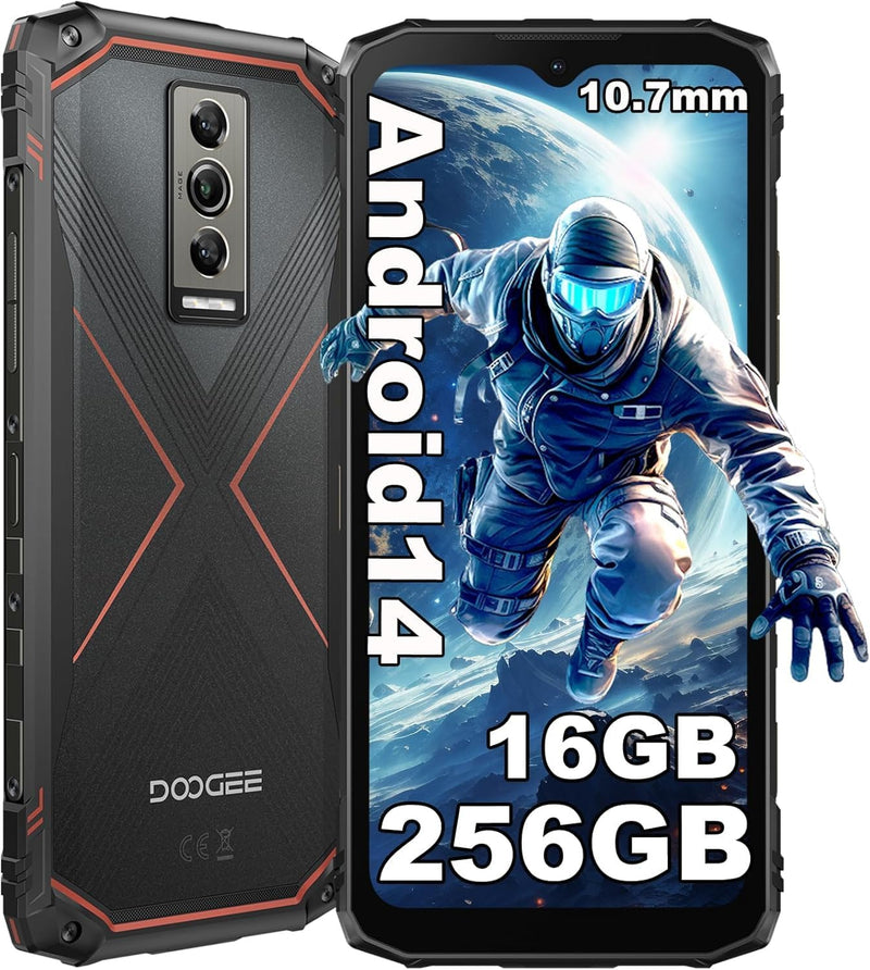 DOOGEE Blade 10 Pro (2025) Rugged Phone,10.7mm Ultra-Thin,16GB+256GB Rugged Smartphone,Android 14 Octa Core,6.56" HD+90Hz,50MP+8MP,IP68/IP69K Waterproof Phone,Widevine L1,NFC/Face Unlock