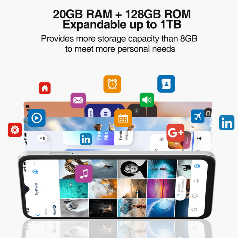 DOOGEE N55PLUS Unlocked Cell Phone, 20GB RAM+128GB ROM/1TB Android Phone, 90Hz 6.56" HD+ Smartphone, 5150mAh, Dual SIM 4G/Octa-Core 12nm/Widevine L1/ Face Unlock/OTG/ATT/T-Mobile, Black