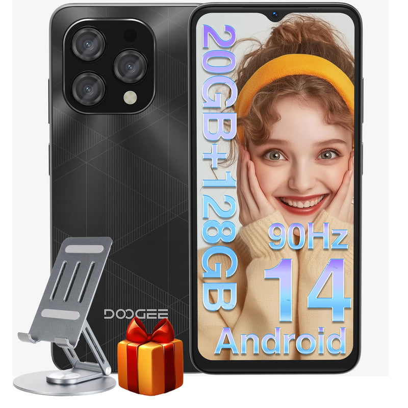 DOOGEE N55PLUS Unlocked Cell Phone, 20GB RAM+128GB ROM/1TB Android Phone, 90Hz 6.56" HD+ Smartphone, 5150mAh, Dual SIM 4G/Octa-Core 12nm/Widevine L1/ Face Unlock/OTG/ATT/T-Mobile, Black