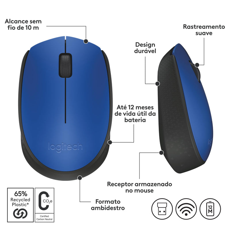 Mouse sem fio Logitech M170 com Design Ambidestro Compacto, Conexão USB e Pilha Inclusa - Preto