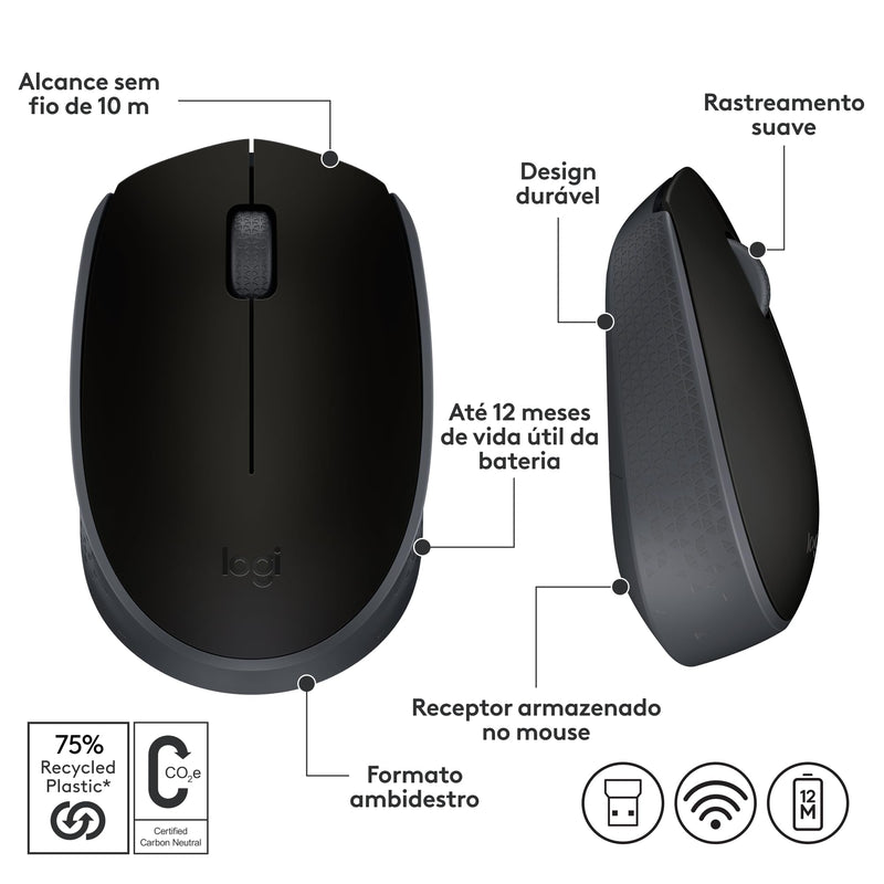 Mouse sem fio Logitech M170 com Design Ambidestro Compacto, Conexão USB e Pilha Inclusa - Preto