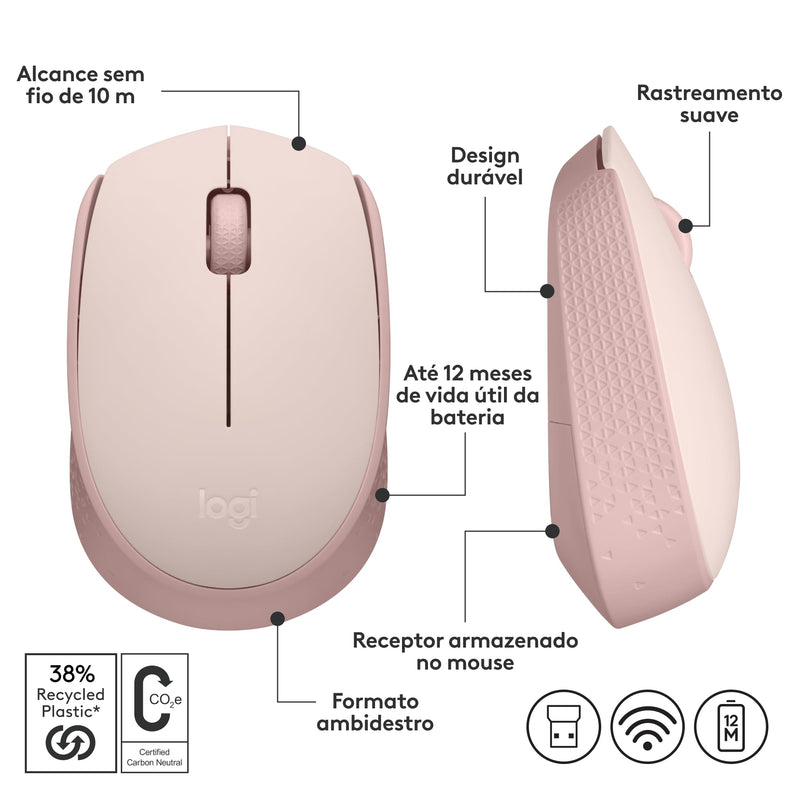 Mouse sem fio Logitech M170 com Design Ambidestro Compacto, Conexão USB e Pilha Inclusa - Preto