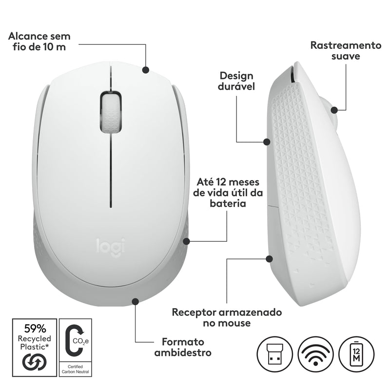 Mouse sem fio Logitech M170 com Design Ambidestro Compacto, Conexão USB e Pilha Inclusa - Preto