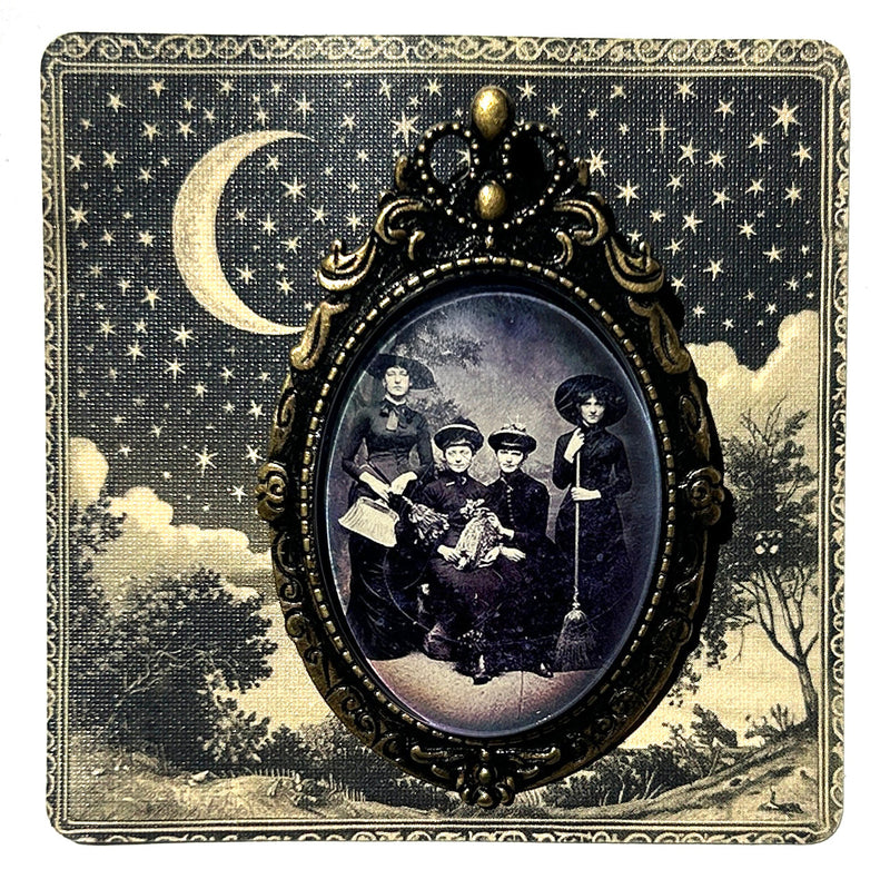 Vintage Halloween Witches Handmade Cameo Brooch-0