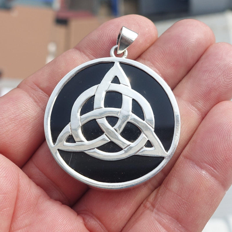Black Agate Amulet, Celtic Triskele Amulet, round Sterling Silver Amulet, Celtic Silver Pendant-0