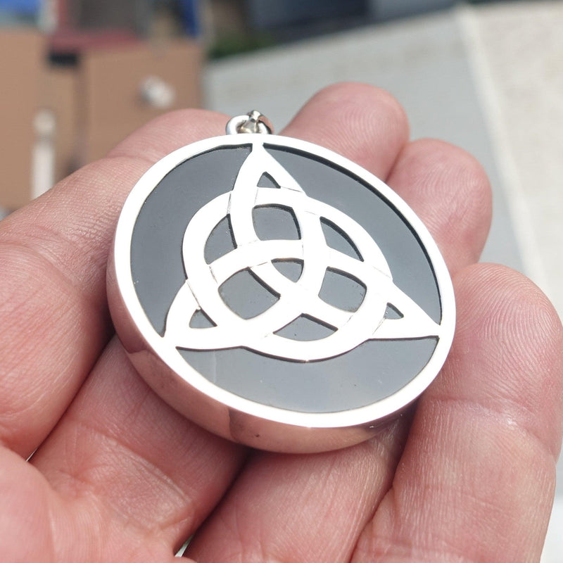 Black Agate Amulet, Celtic Triskele Amulet, round Sterling Silver Amulet, Celtic Silver Pendant-2