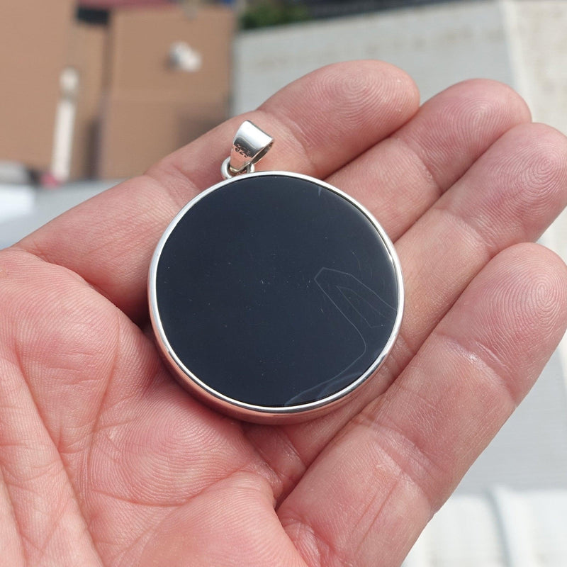 Black Agate Amulet, Celtic Triskele Amulet, round Sterling Silver Amulet, Celtic Silver Pendant-4
