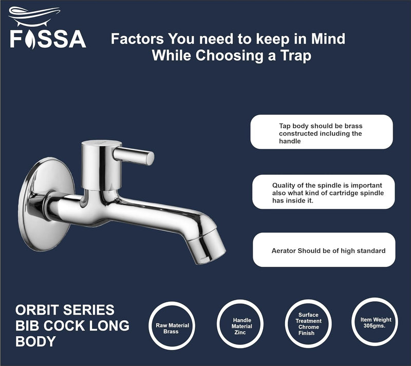 Fossa Orbit Brass Tap Faucet Bib Tap (Long Body) Wall Mounted for Bathroom, Kitchen Sink, Washing Areas, Gardens, Sink Faucet with Brass Tap with Wall Flange (Mirror-Chrome Finish)-3
