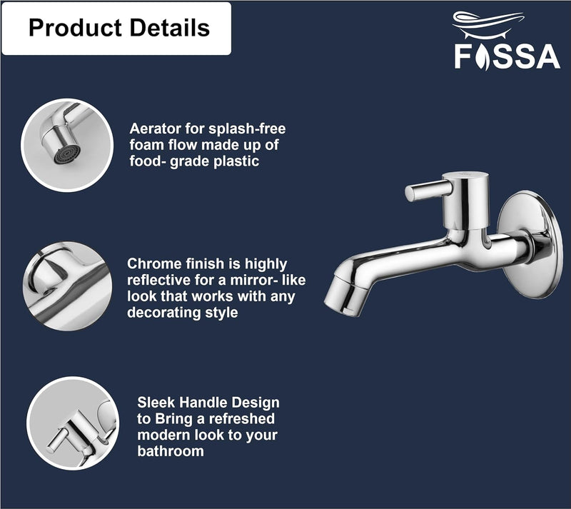 Fossa Orbit Brass Tap Faucet Bib Tap (Long Body) Wall Mounted for Bathroom, Kitchen Sink, Washing Areas, Gardens, Sink Faucet with Brass Tap with Wall Flange (Mirror-Chrome Finish)-2