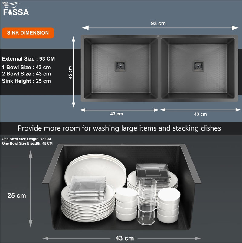 Fossa 37"x18"x10" Inch Double Bowl 304 Grade Honeycomb Embossed Kitchen Sink with Nano Coating (Black )-1