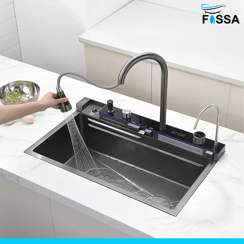 Fossa 30"x18"x10" inch Piano Fully Equipped Kitchen Sink with Integrated Waterfall and Pull-down Faucets - SS-304 Grade Stainless Steel Sink with LED Pannel and Digital Display - Nano Black Finish-1
