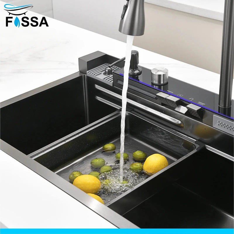 Fossa 30"x18"x10" inch Piano Fully Equipped Kitchen Sink with Integrated Waterfall and Pull-down Faucets - SS-304 Grade Stainless Steel Sink with LED Pannel and Digital Display - Nano Black Finish-2