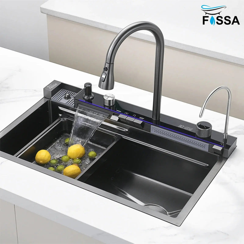 Fossa 30"x18"x10" inch Piano Fully Equipped Kitchen Sink with Integrated Waterfall and Pull-down Faucets - SS-304 Grade Stainless Steel Sink with LED Pannel and Digital Display - Nano Black Finish-0