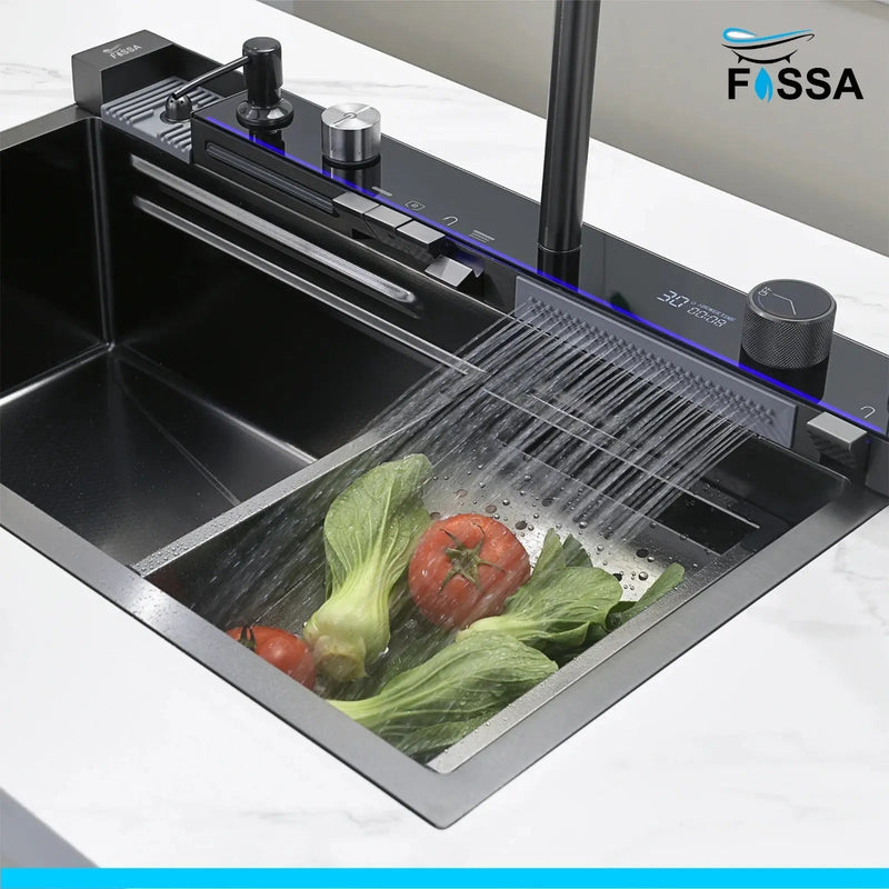 Fossa 30"x18"x10" inch Piano Fully Equipped Kitchen Sink with Integrated Waterfall and Pull-down Faucets - SS-304 Grade Stainless Steel Sink with LED Pannel and Digital Display - Nano Black Finish-3